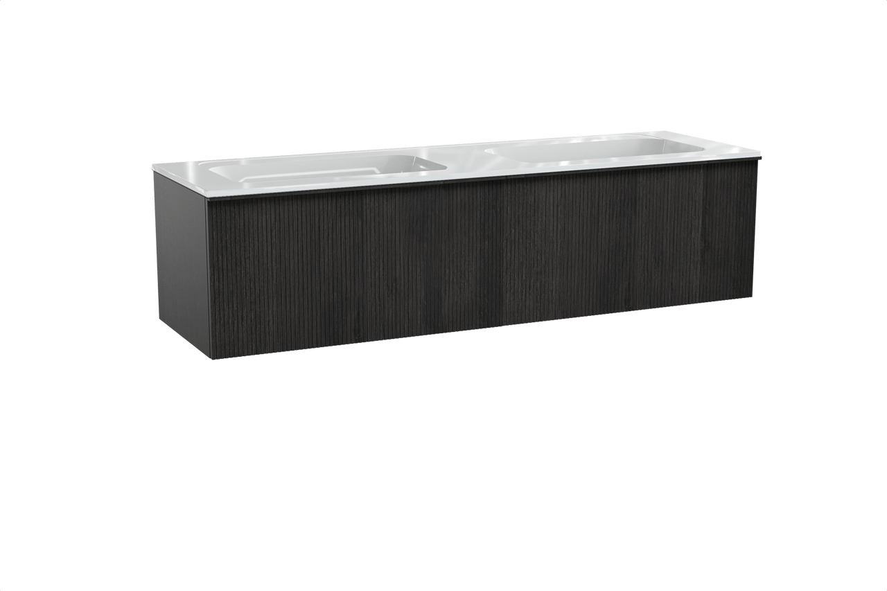 Balmani Forma meuble salle de bains suspendu 180 x 55 cm chêne noir avec Tablo Strada double vasque en marbre composite blanc brillant, Nervure droite symétrique verticale