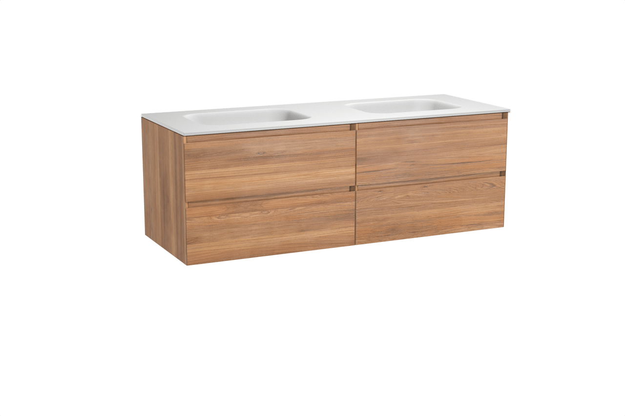 Balmani Mitra meuble salle de bains suspendu 150 x 55 cm teck avec Tablo Arcato double vasque en solid surface blanc mat