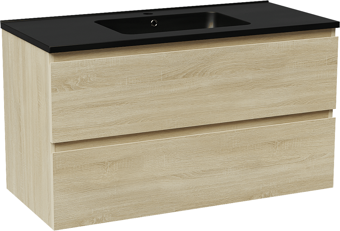 Linie Lado zwevend badmeubel 100 x 46 cm wit eiken met Vano enkele wastafel in composietmarmer mat zwart