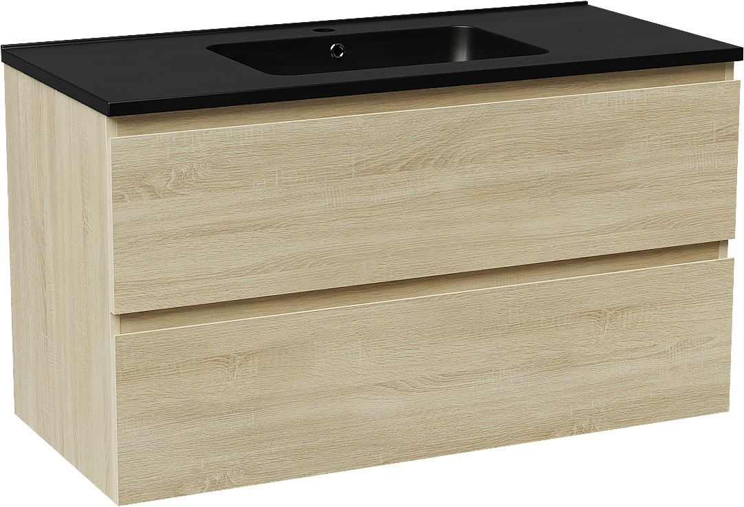 Linie Lado zwevend badmeubel 100 x 46 cm wit eiken met Vano enkele wastafel in composietmarmer mat zwart