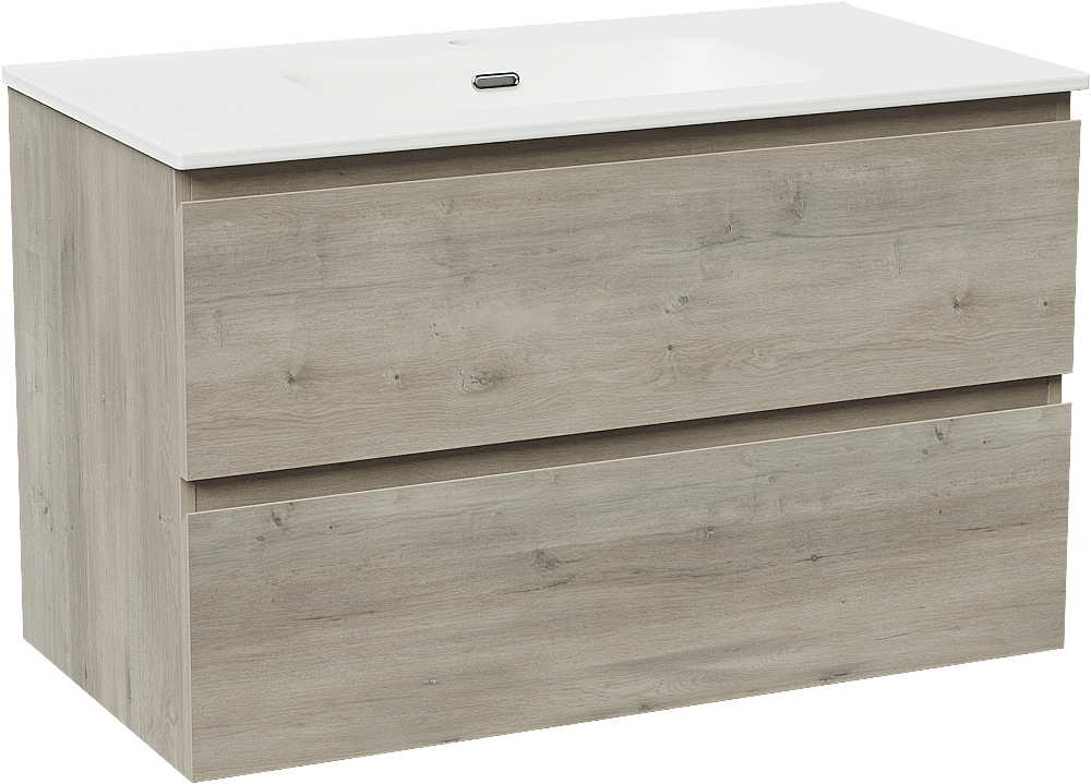 Linie Lado meuble salle de bains suspendu 90 x 46 cm chêne gris avec Baro plan simple en porcelaine blanc mat