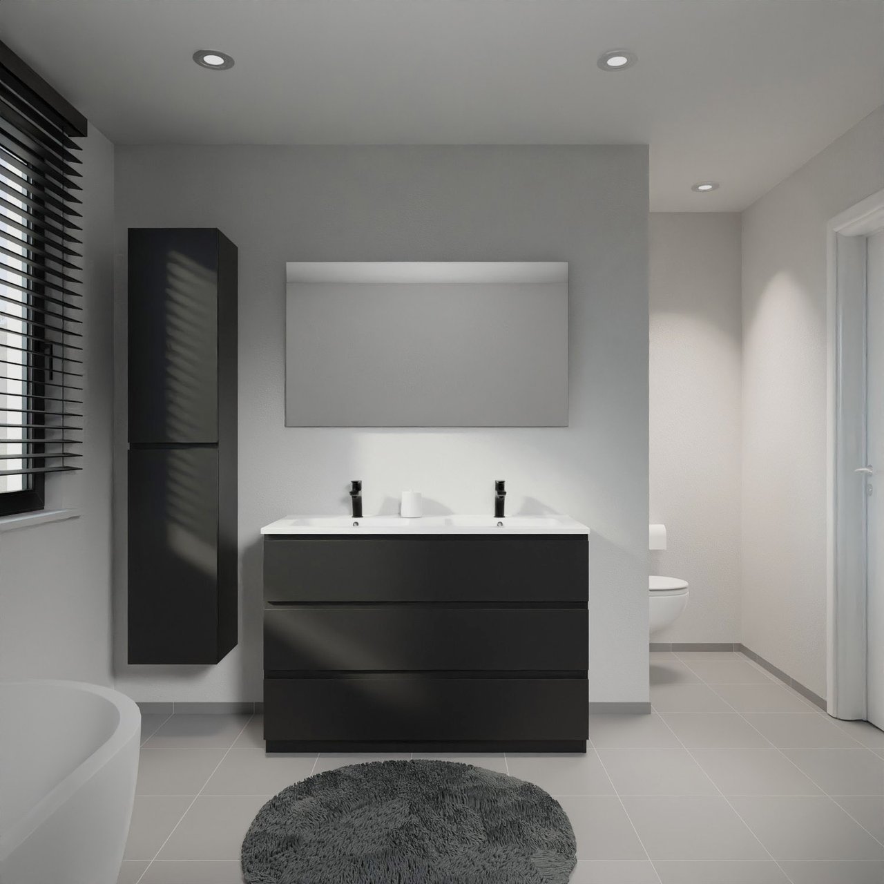 Linie Lado meuble salle de bains à poser 120 x 46 cm noir mat avec Vano double vasque en marbre composite blanc brillant