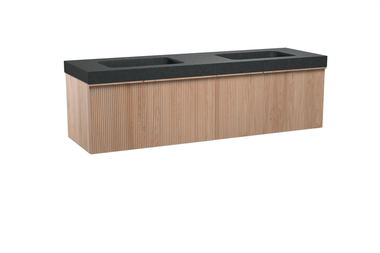 Balmani Forma zwevend badkamermeubel 180 x 55 cm natuur eik met Napoli dubbele wastafel in graniet zwart, Verticale symmetrische rechte ribbel