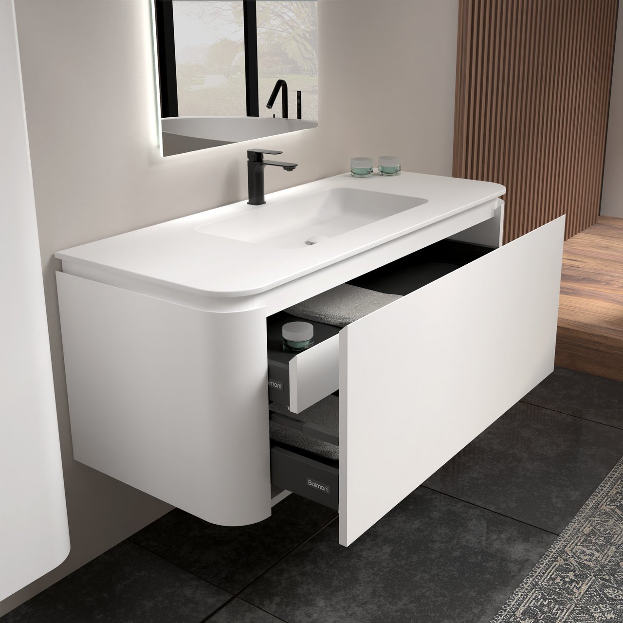 Balmani Moon meuble salle de bains suspendu 130 x 55 cm blanc mat avec Moon plan simple en solid surface blanc mat