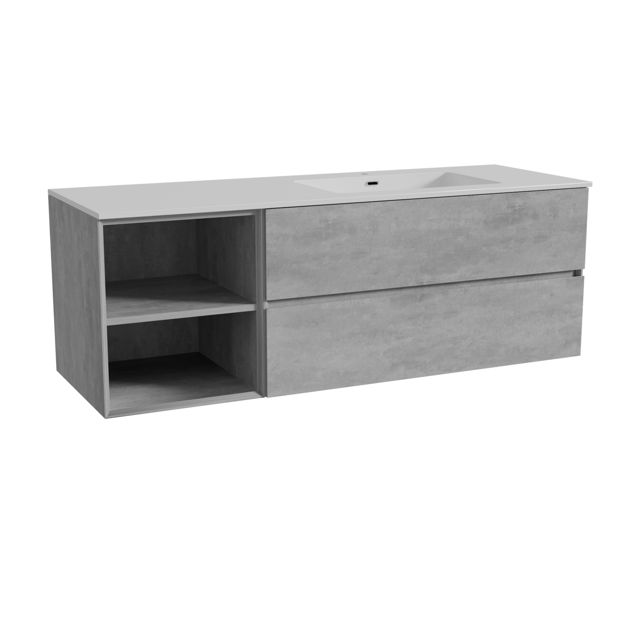 Storke Edge zwevend badmeubel 150 x 52 cm beton donkergrijs met Diva asymmetrisch rechtse wastafel in composietmarmer hoogglans wit