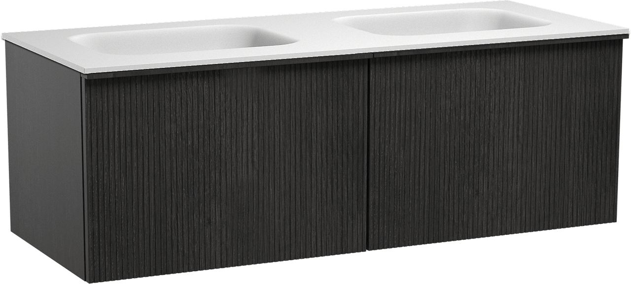 Balmani Forma zwevend badkamermeubel 135 x 55 cm zwarte eik met Tablo Arcato dubbele wastafel in solid surface mat wit, Verticale symmetrische rechte ribbel