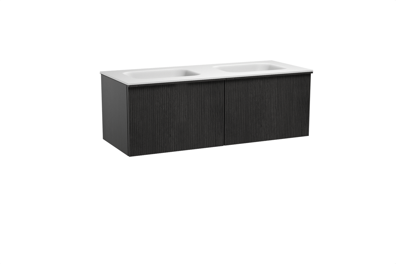 Balmani Forma zwevend badkamermeubel 135 x 55 cm zwarte eik met Tablo Arcato dubbele wastafel in solid surface mat wit, Verticale symmetrische rechte ribbel