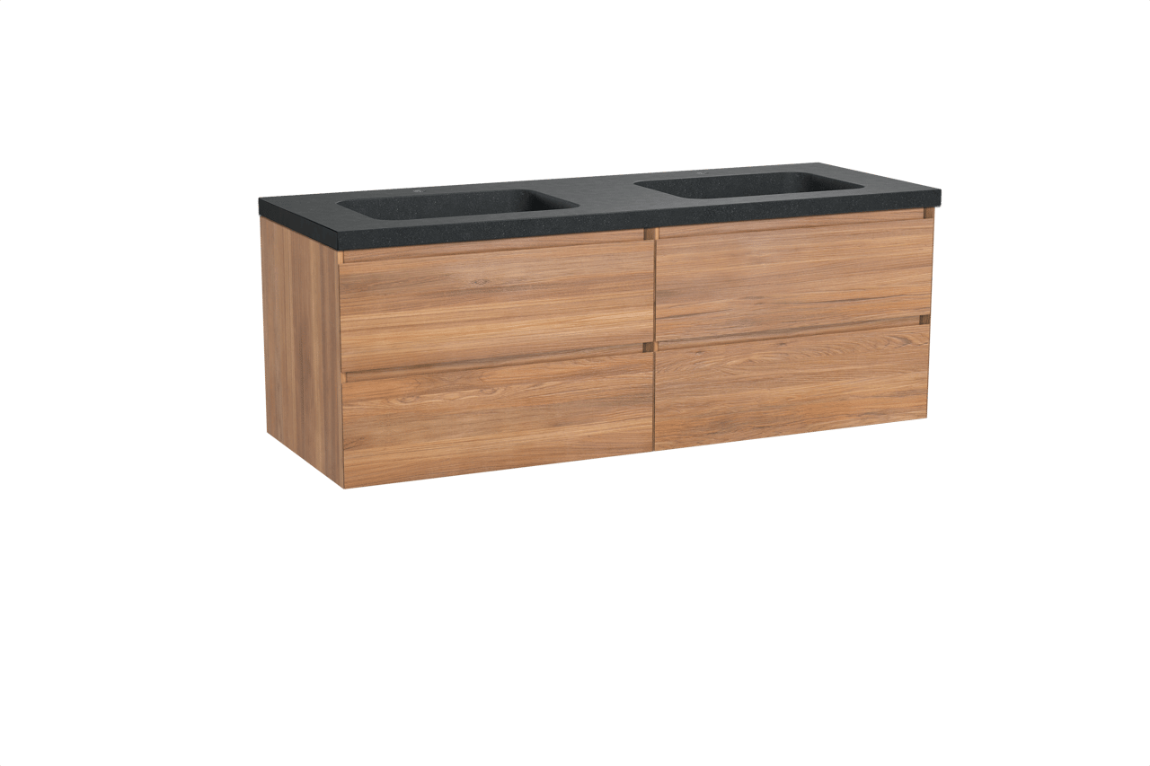 Balmani Mitra zwevend badkamermeubel 150 x 55 cm teak met Napoli dubbele wastafel in graniet zwart