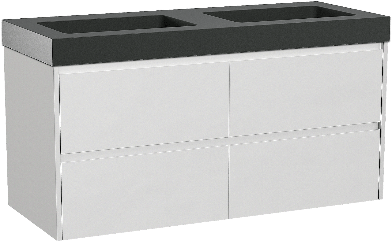 Storke Seda zwevend badmeubel 130 x 52 cm mat wit met Scuro High dubbele wastafel in kwarts mat zwart