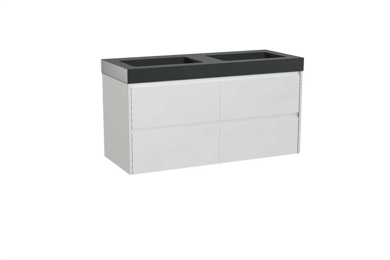 Storke Seda meuble salle de bains suspendu 130 x 52 cm blanc mat avec Scuro High double vasque en quartz noir mat