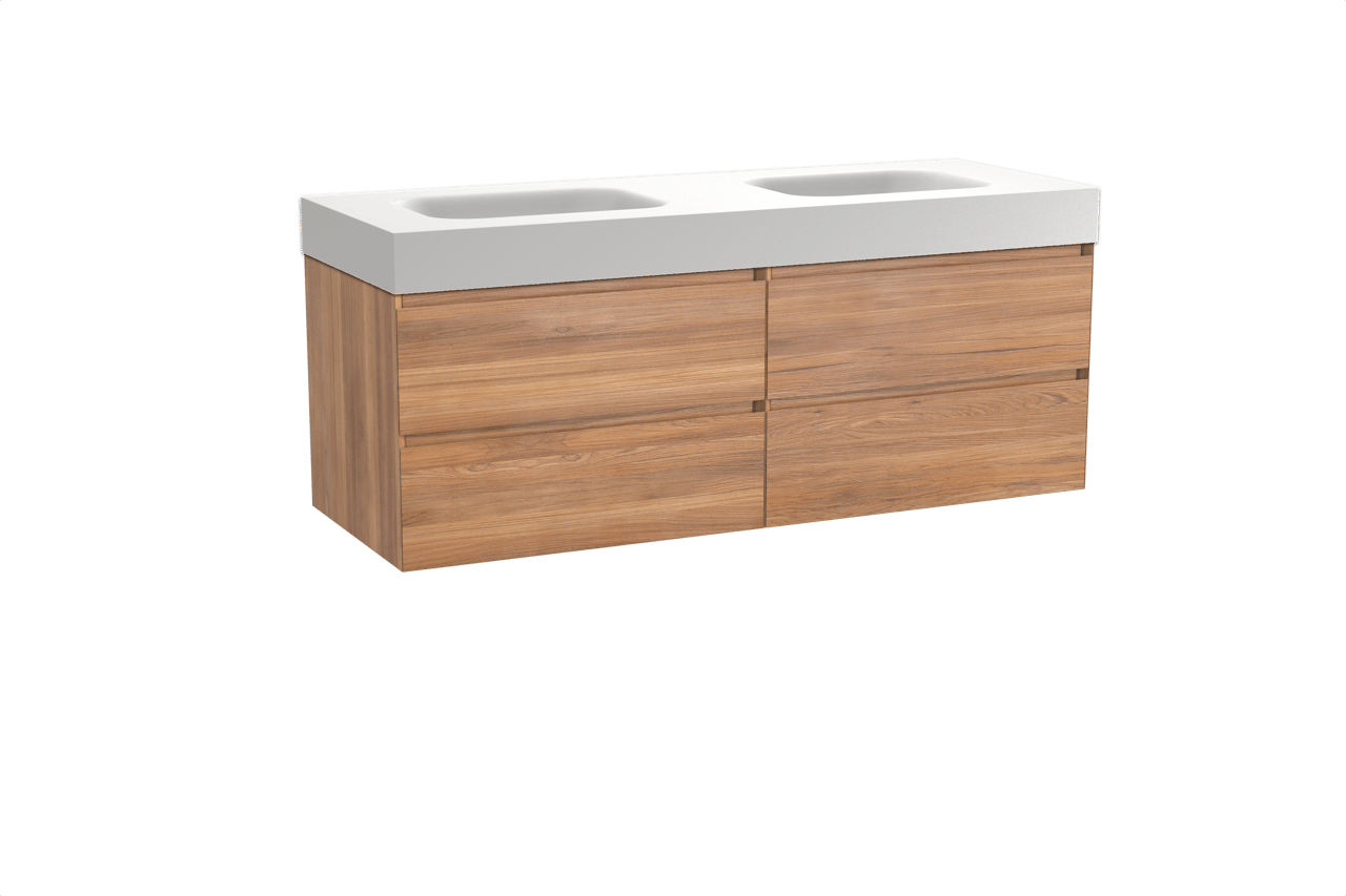 Balmani Mitra hängendes Möbelstück Set: 150 x 55 cm, Teak, mit Arcato Doppelwaschtisch, Solid Surface Weiß matt