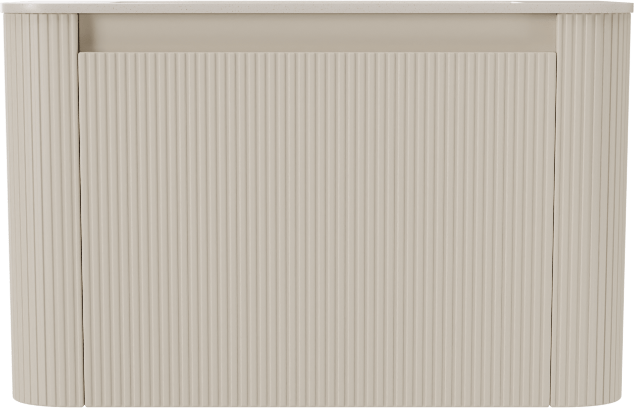 Storke Soft hängendes Möbelstück Set: 80 x 46 cm, Sand Matt, mit Mata Soft Einzelwaschtisch Solid Surface Beige Granit, Vertikale symmetrische gerade Rippe