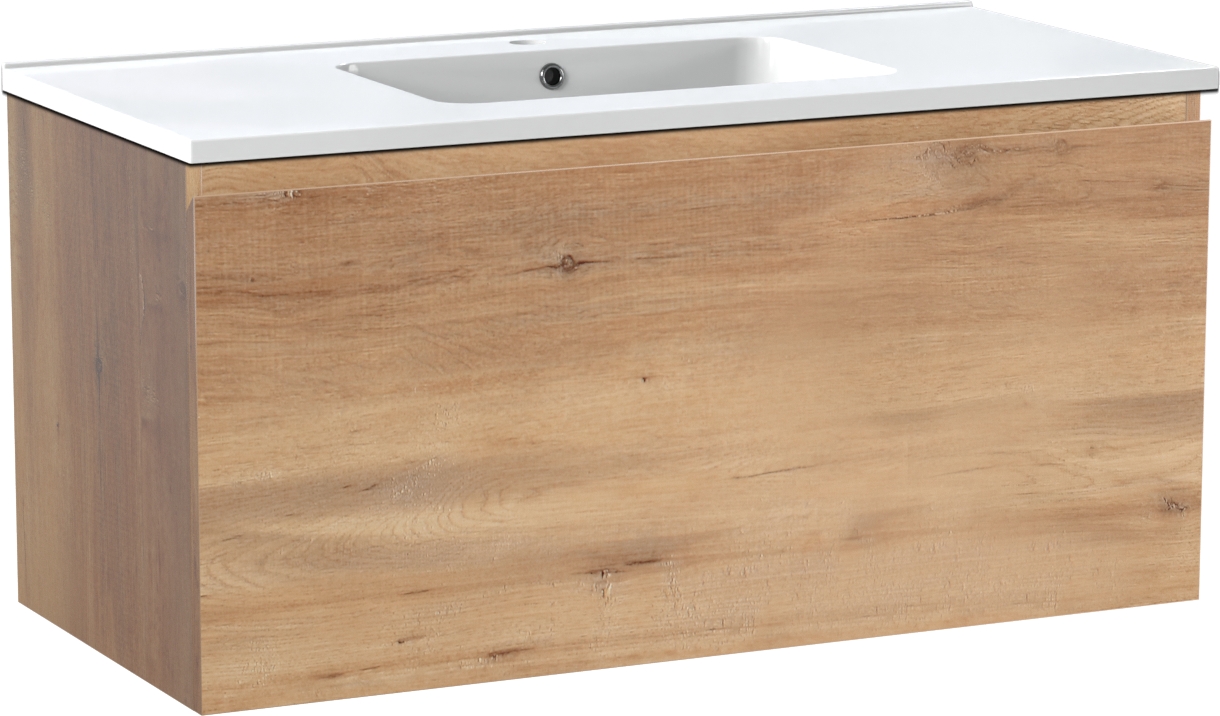 Linie Lado hängendes Möbelstück Set: 100 x 46 cm, Naturbelassene Eiche, mit Vano Einzelwaschtisch, Marmorkomposit Weiß glänzend