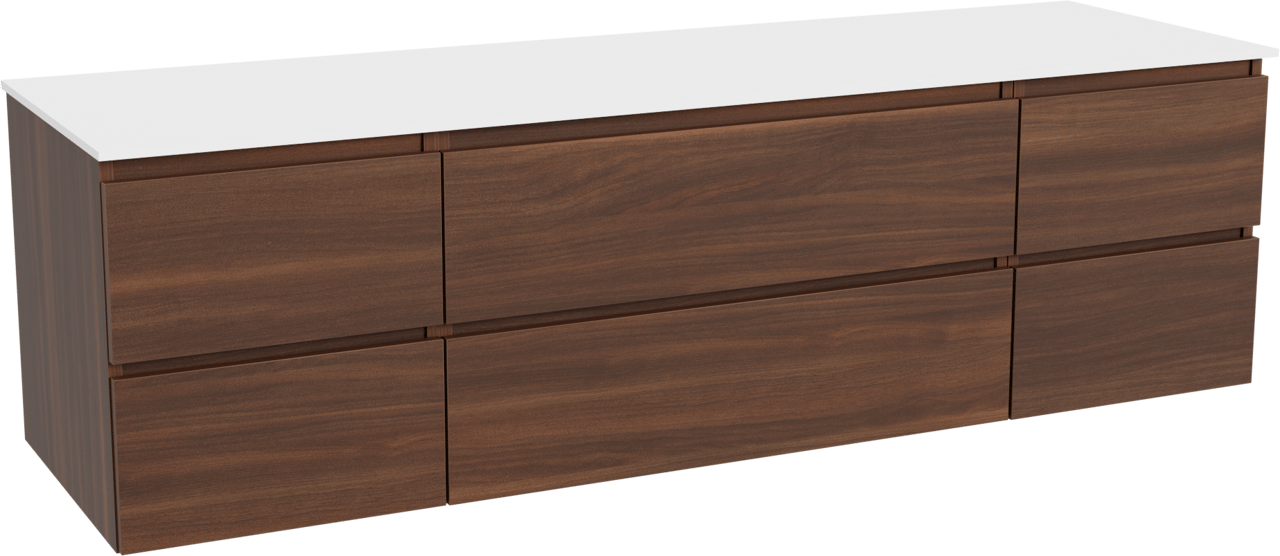 Balmani Lucida zwevend badkamermeubel 180 x 55 cm amerikaanse notelaar met Stretto enkel of dubbel tablet in solid surface mat wit