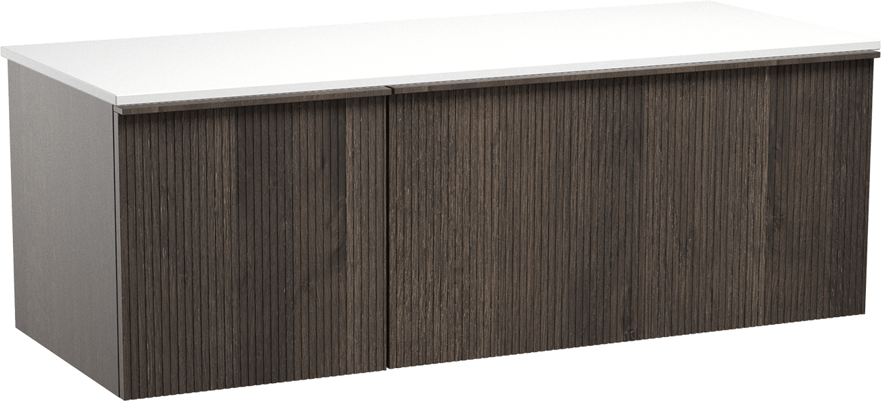 Balmani Forma meuble salle de bains suspendu 135 x 55 cm chêne fumé avec Stretto tablette simple ou double en solid surface blanc mat, Nervure droite symétrique verticale