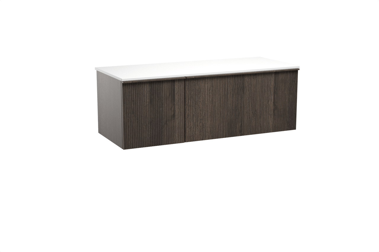 Balmani Forma hängendes Möbelstück Set: 135 x 55 cm, Geräucherte Eiche, mit Stretto Einzel- oder Doppel Waschtischplatte, Solid Surface, Weiß matt, Vertikale symmetrische gerade Rippe