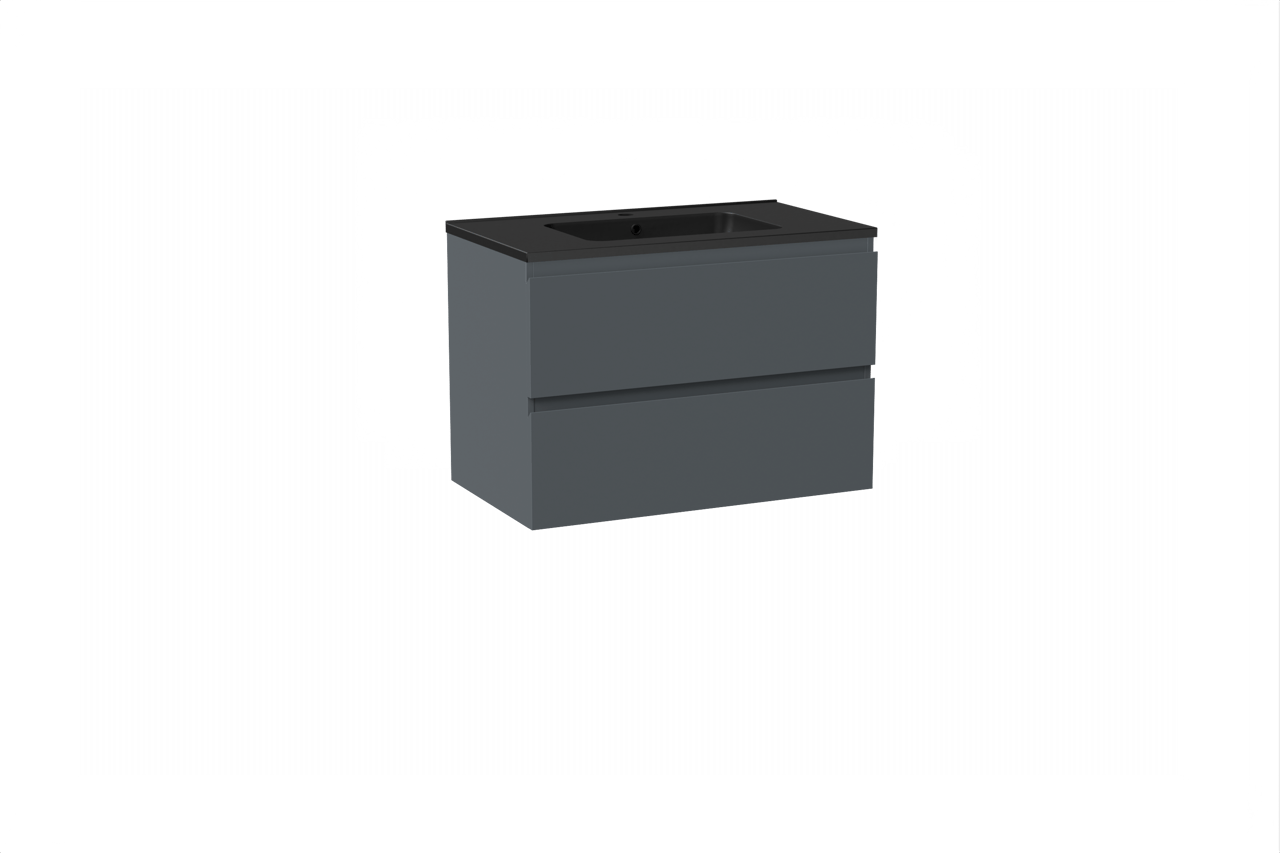 Linie Lado hängendes Möbelstück Set: 80 x 46 cm, Anthrazitblau, mit Vano Einzelwaschtisch, Marmorkomposit Schwarz matt