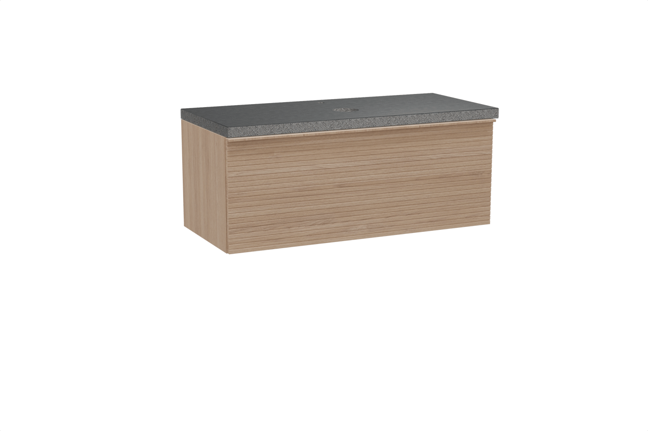 Balmani Forma hängendes Möbelstück Set: 120 x 55 cm, Naturbelassene Eiche, mit Rock Einzel Waschtischplatte, Granit, Schwarzes Granit, Horizontale symmetrische gerade Rippe