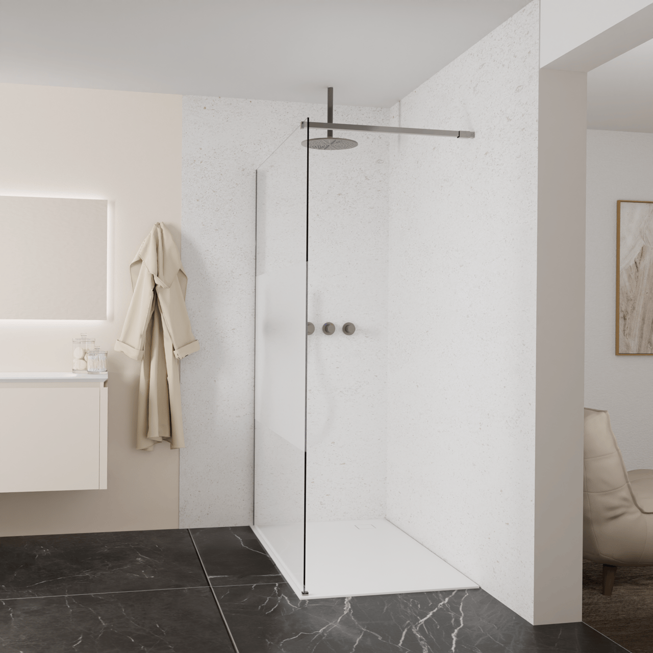 Balmani Modular Walk-In Dusche: 140 x 200 cm, Klarglas mit mattiertem Streifen, inklusive Coating, Profil Brushed GunMetal