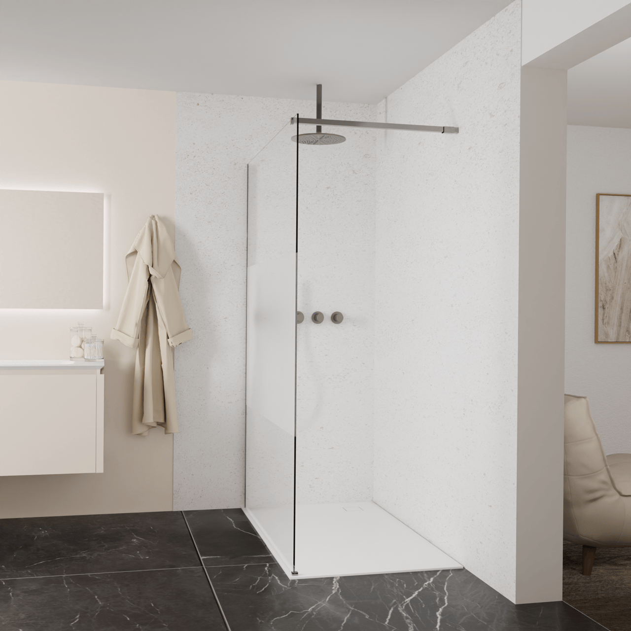 Balmani Modular douche à l'italienne: 140 x 200 cm, Verre transparent avec bande matte, avec coating, Profil Brushed GunMetal