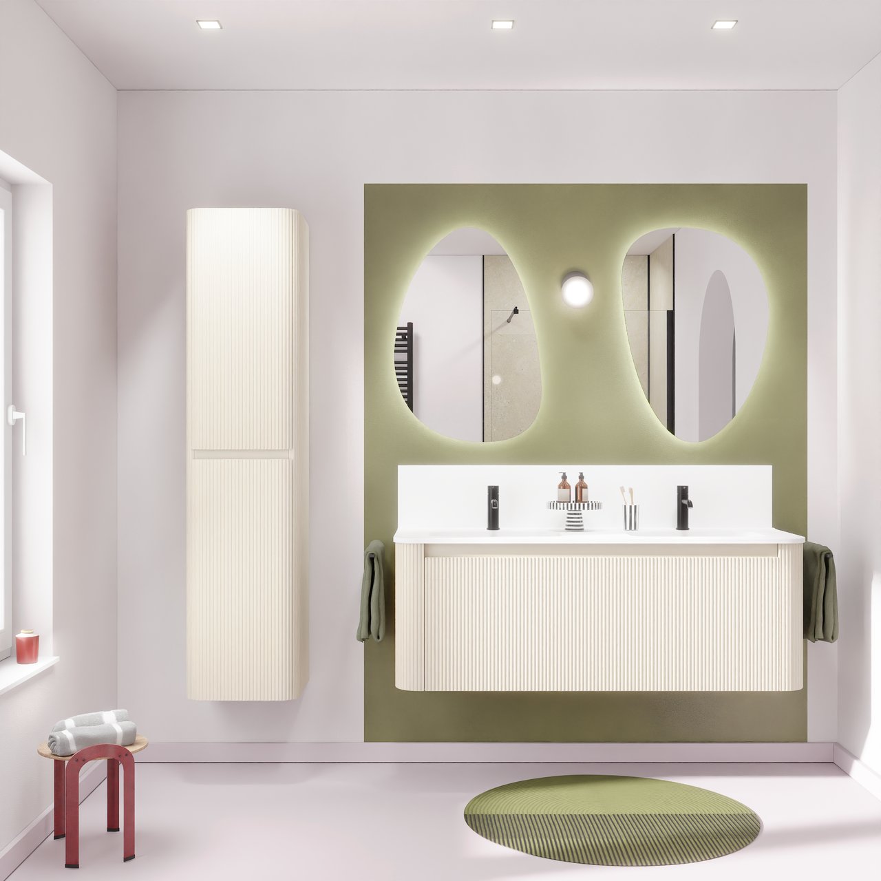 Storke Soft meuble salle de bains suspendu 140 x 46 cm Sand mat avec Kera Soft double vasque en porcelaine blanc brillant, Nervure droite symétrique verticale