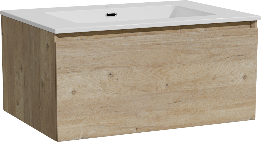 Storke Edge zwevend badmeubel 75 x 52 cm ruw eiken met Diva enkele wastafel in composietmarmer hoogglans wit