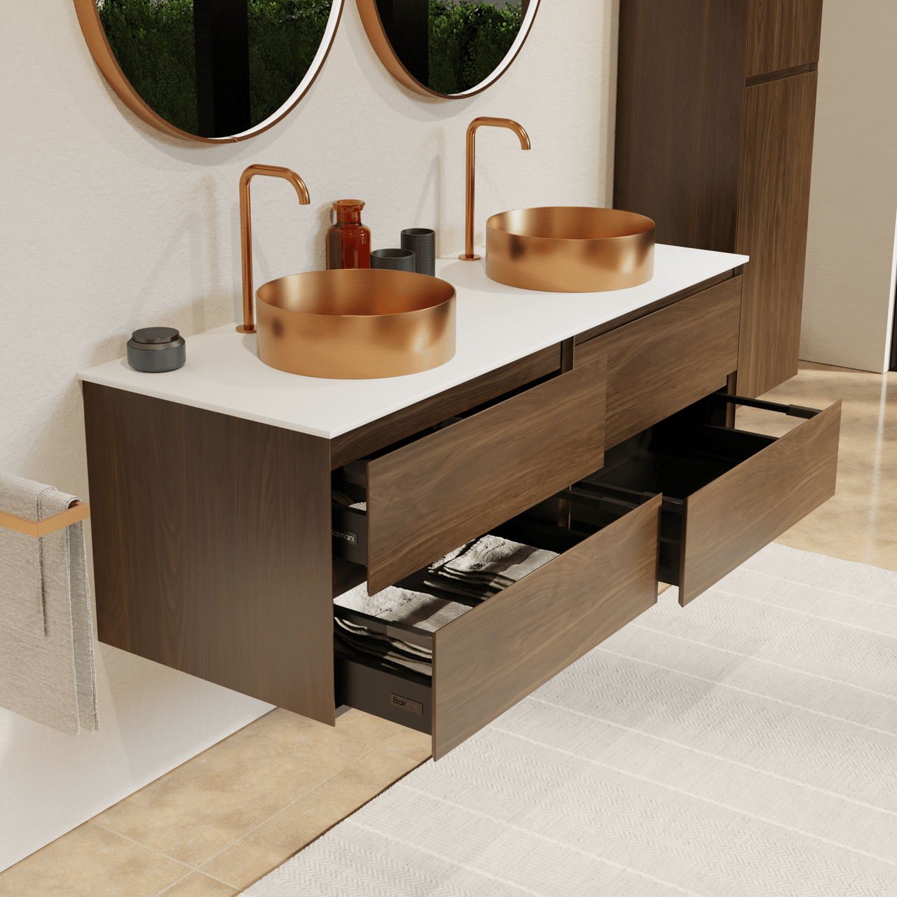 Balmani Mitra hängendes Möbelstück Set: 150 x 55 cm, Amerikanischer Nussbaum, mit Stretto Einzel- oder Doppel Waschtischplatte, Solid Surface Weiß matt