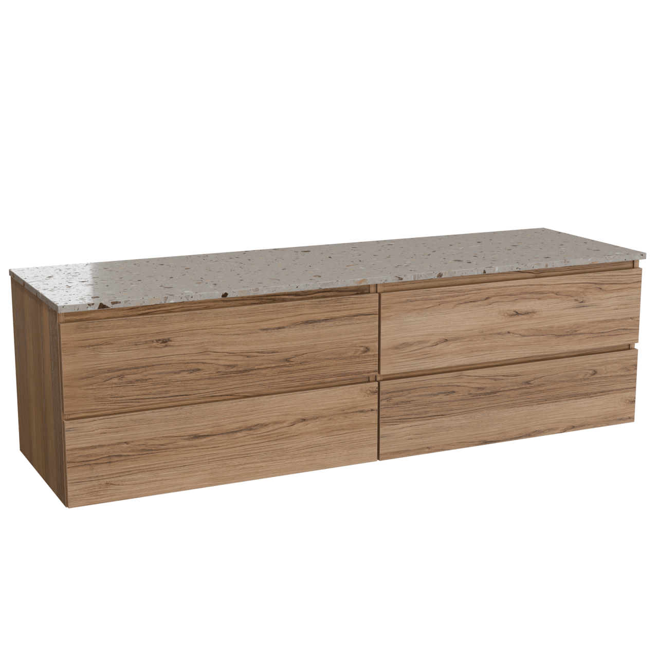 Balmani Lucida zwevend badkamermeubel 180 x 55 cm teak met Stretto enkel of dubbel tablet in terrazzo greige terrazzo