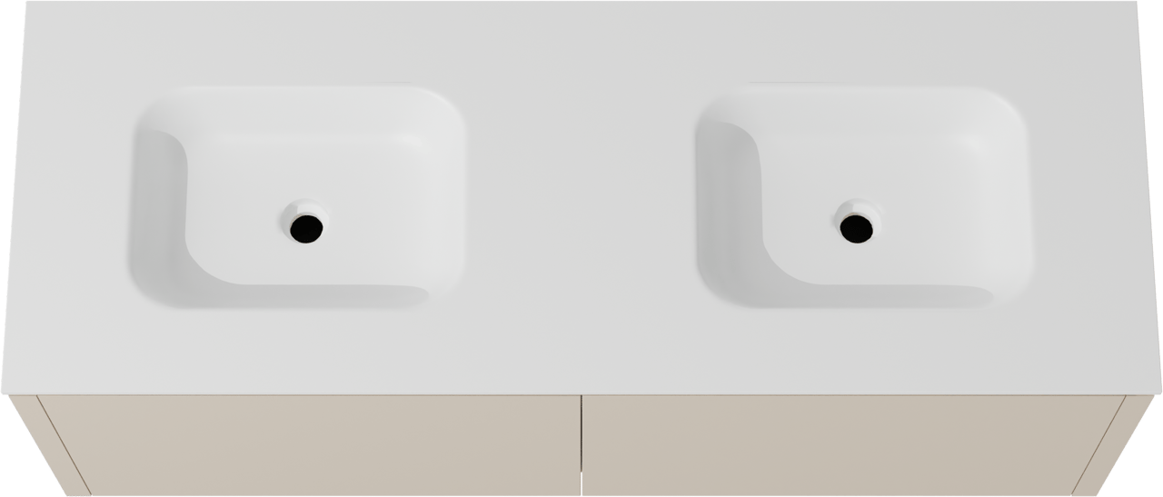 Balmani Eclips hängendes Möbelstück Set: 150 x 55 cm, Sandbeige, mit Tablo Arcato Doppelwaschtisch Solid Surface Weiβ matt