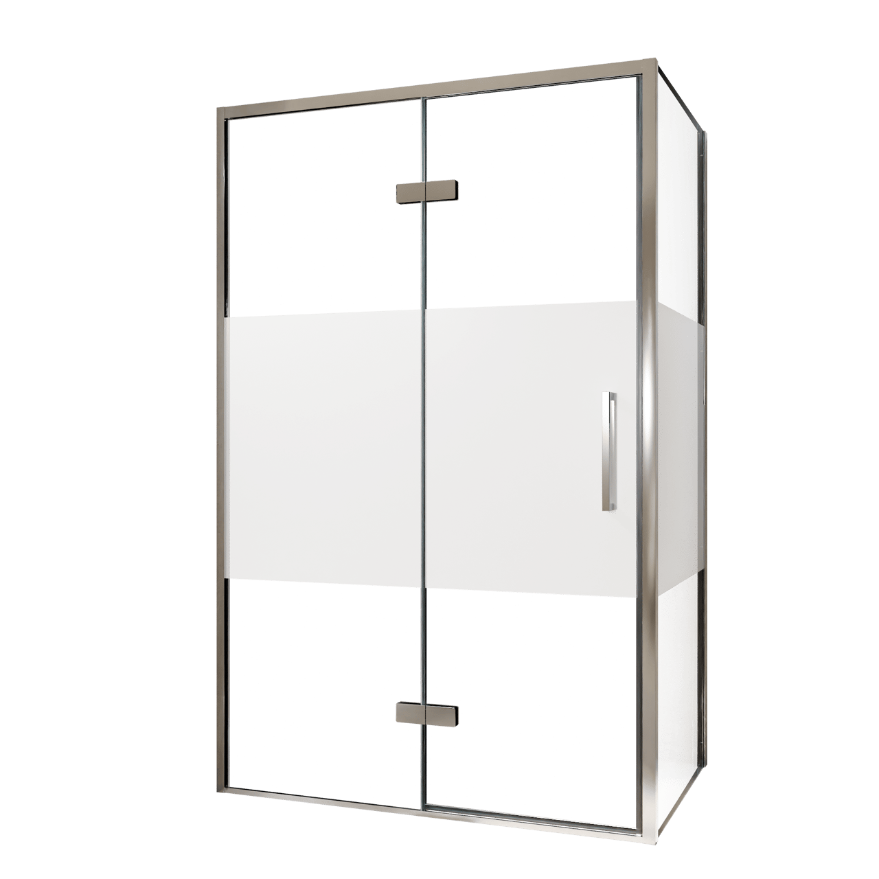 Balmani Senses Design Eckdusche: Drehtür (Links) mit fixierte Seitenwand, 120 x 80 cm, Klarglas mit mattiertem Streifen, Profil Chrom, inklusive Coating