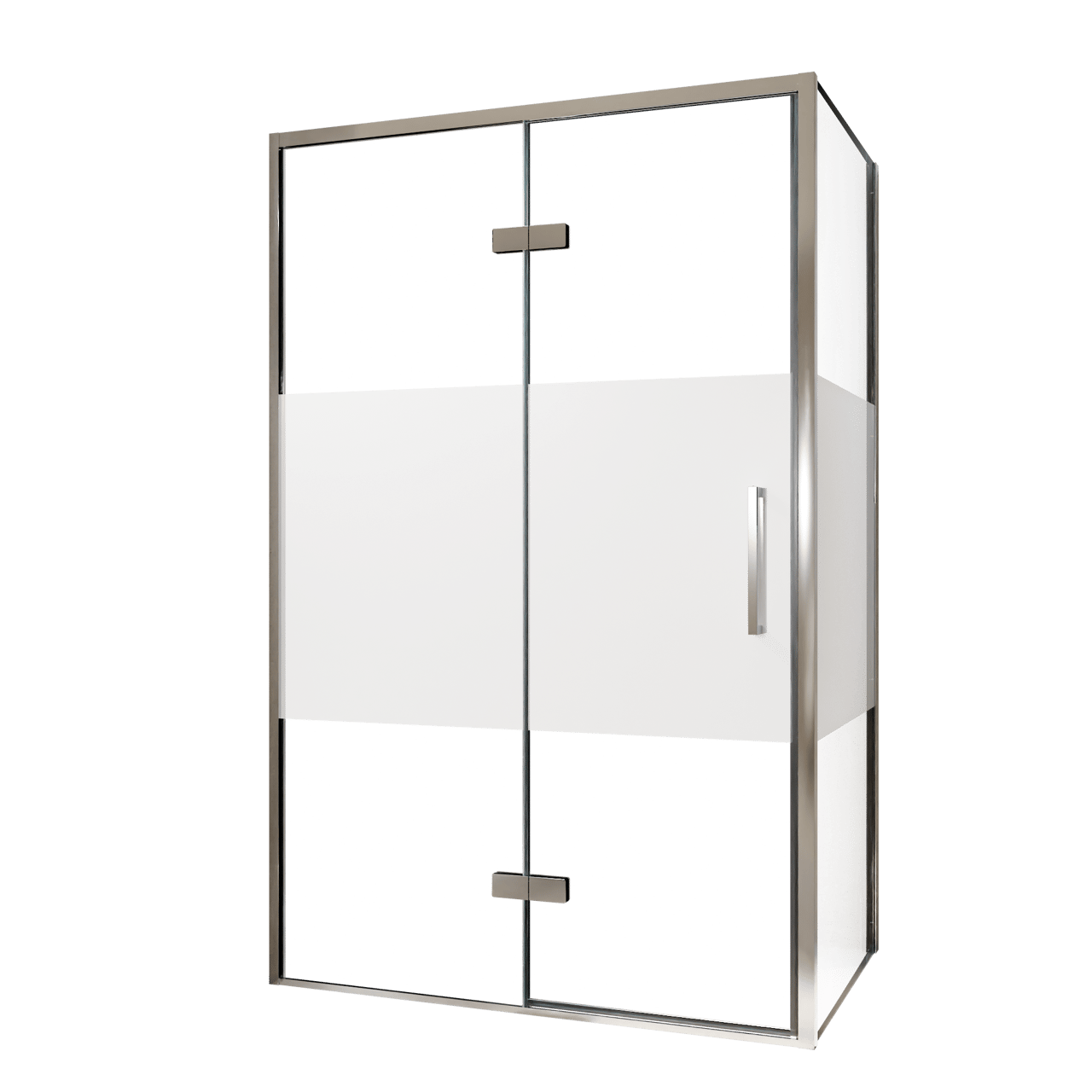 Balmani Senses Design douche en coin avec porte pivotante à gauche et paroi latérale fixe, 120 x 80 cm, Verre transparent avec bande matte, Profil chrome, coating inclus