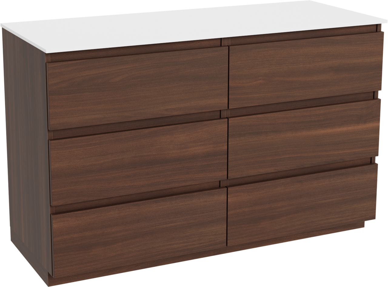 Balmani Lucida meuble salle de bains à poser 135 x 55 cm noyer américain avec Stretto tablette simple ou double en solid surface blanc mat