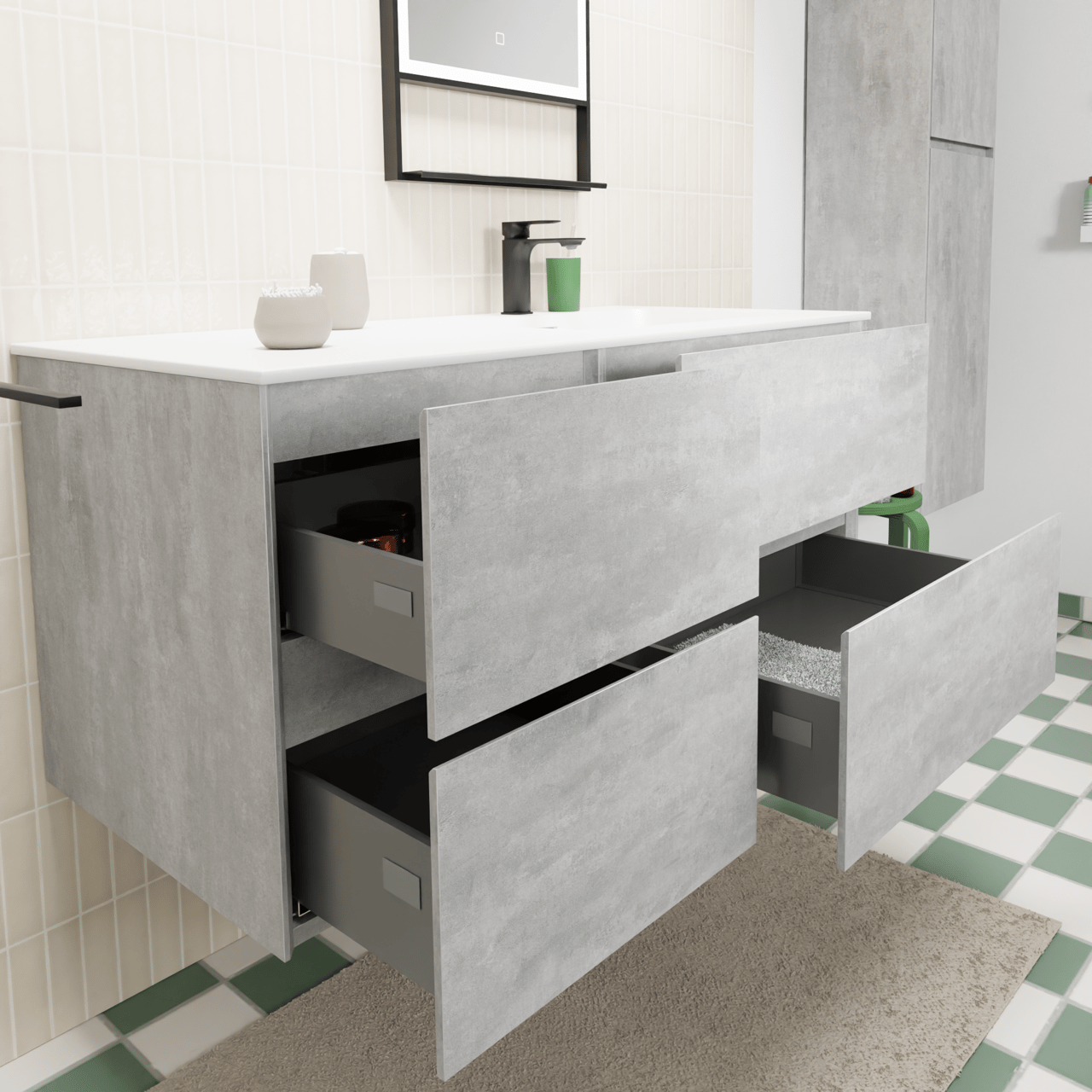 Storke Edge hängendes Möbelstück Set: 110 x 52 cm, Beton dunkelgrau, mit Mata Waschtisch rechts, Solid Surface Weiß matt