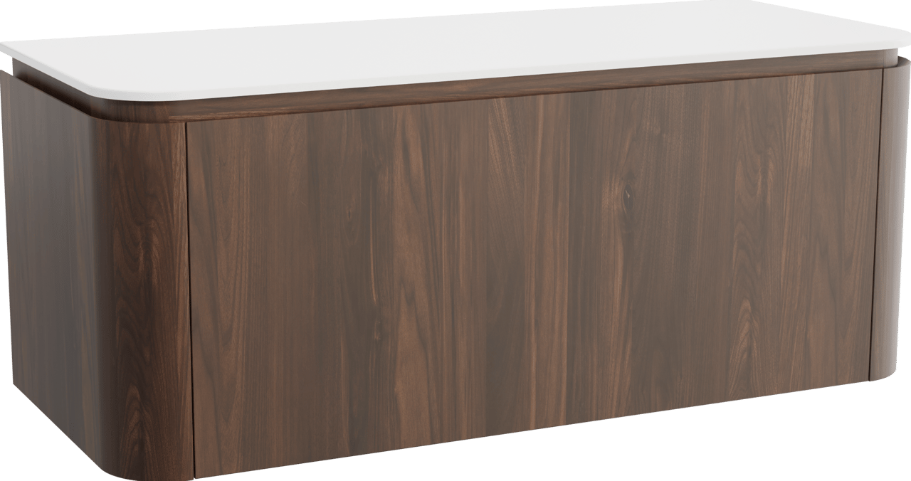 Balmani Moon zwevend badmeubel 130 x 55 cm amerikaans notenhout met Moon enkel of dubbel wastafelblad in solid surface mat wit