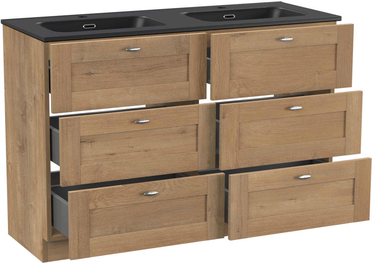 Linie Classo freistehendes Möbelstück Set: 120 x 46 cm, Naturbelassene Eiche, mit Baro Doppelwaschtisch, Porzellan Schwarz matt