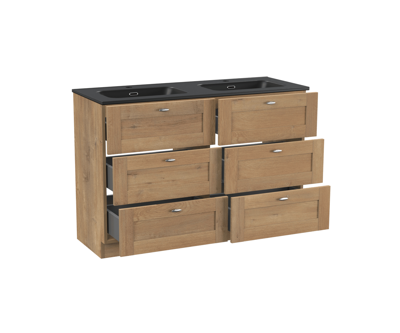 Linie Classo freistehendes Möbelstück Set: 120 x 46 cm, Naturbelassene Eiche, mit Baro Doppelwaschtisch, Porzellan Schwarz matt