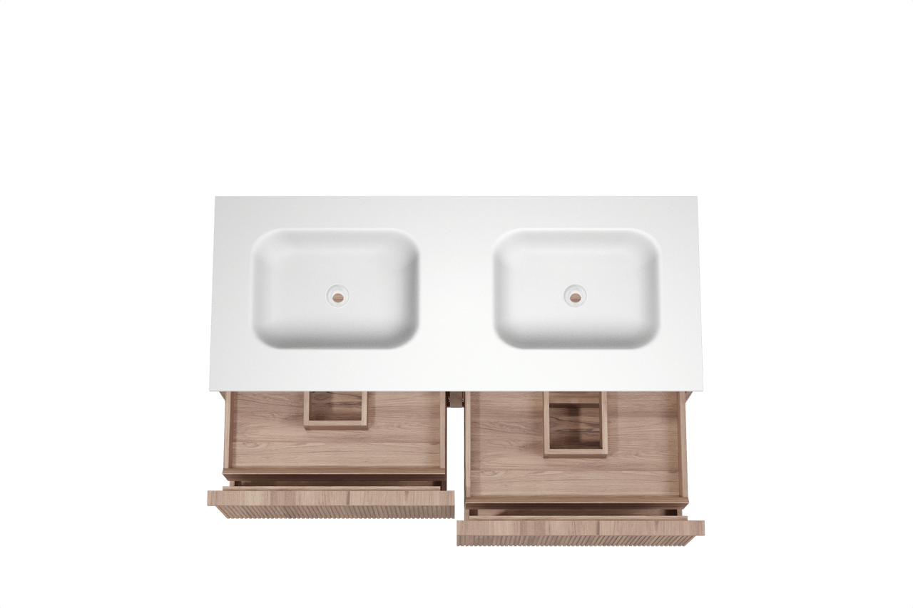 Balmani Forma zwevend badmeubel 135 x 55 cm teakhout met Tablo Arcato dubbele wastafel in solid surface mat wit, Verticale symmetrische rechte ribbel