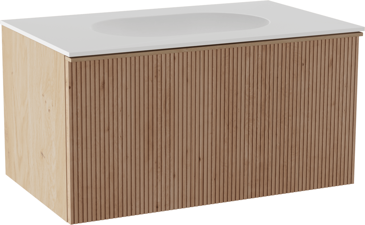 Balmani Forma zwevend badkamermeubel 90 x 55 cm natuur eik met Tablo Oval enkele wastafel in solid surface mat wit, Verticale symmetrische rechte ribbel