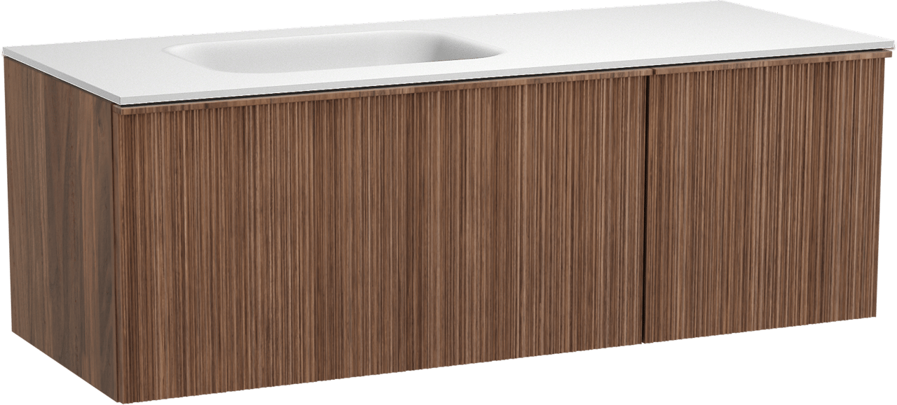 Balmani Forma hängendes Möbelstück Set: 135 x 55 cm, Amerikanischer Nussbaum, mit Tablo Arcato Waschtisch links, Solid Surface, Weiß matt, Vertikale asymmetrische Runde Rippe