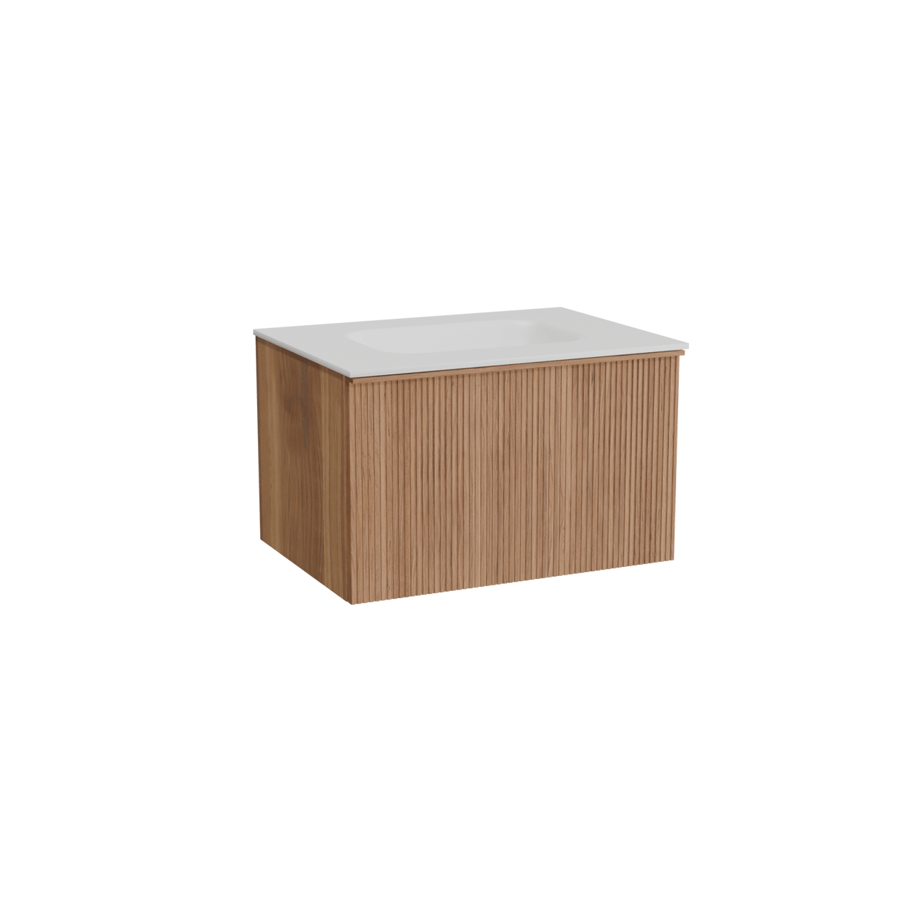 Balmani Forma hängendes Möbelstück Set: 75 x 55 cm, Teak, mit Tablo Arcato Einzelwaschtisch, Solid Surface, Weiß matt, Vertikale symmetrische gerade Rippe