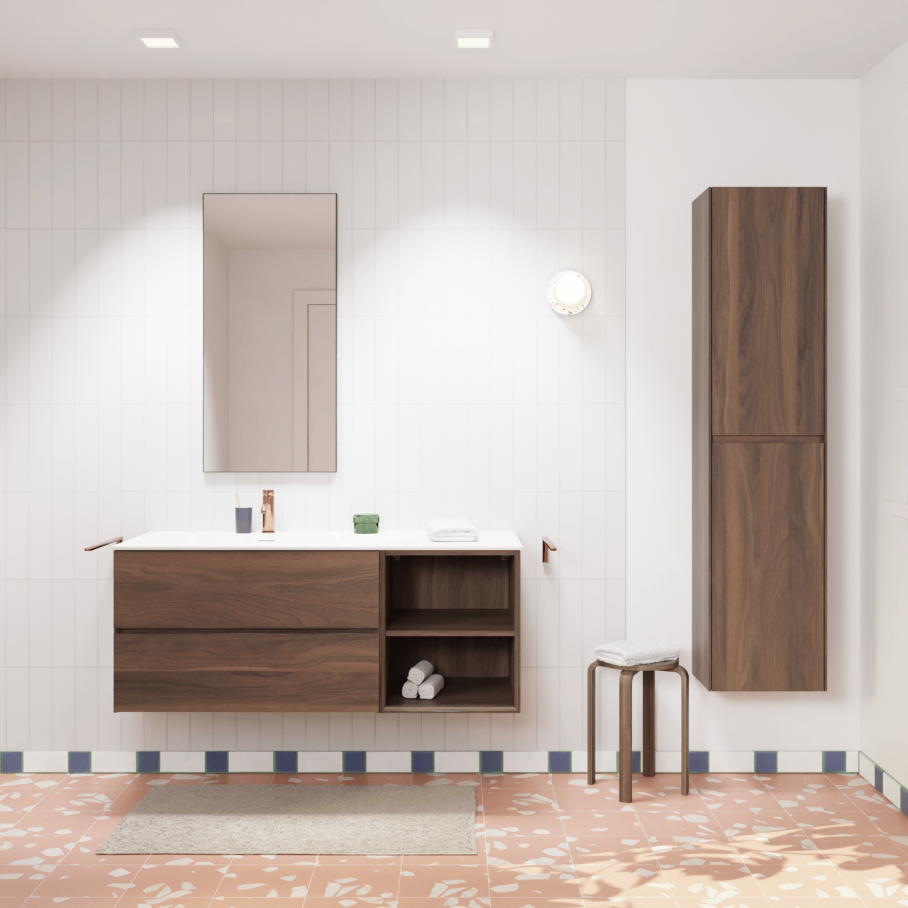 Storke Edge hängendes Möbelstück Set: 130 x 52 cm, Nussbaum, mit Mata Waschtisch links, Solid Surface Weiß matt