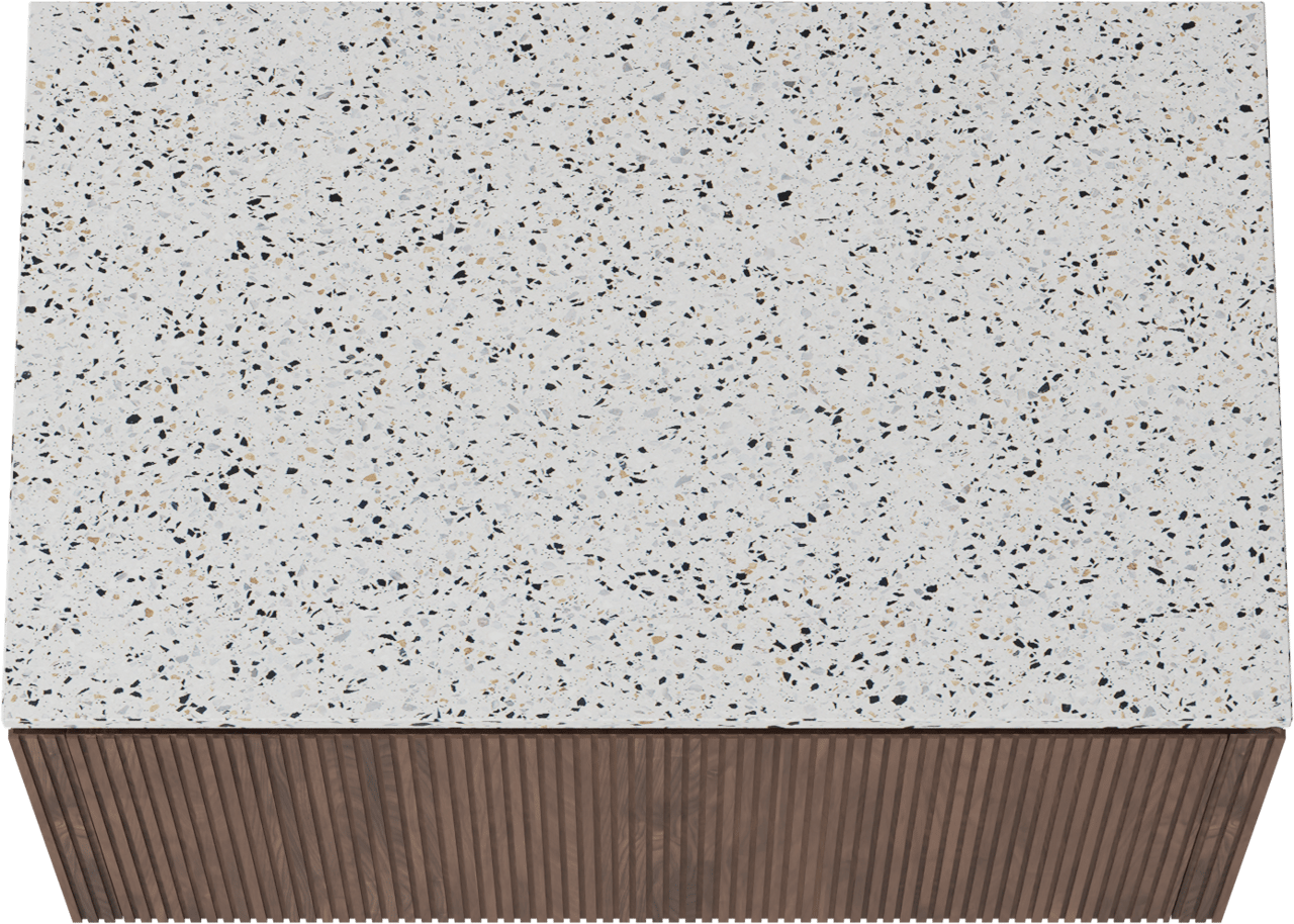 Balmani Eclips hängendes Möbelstück Set: 90 x 55 cm, Amerikanischer Nussbaum, mit Stretto Einzel Waschtischplatte Bianco Nero Terrazzo, Vertikale symmetrische gerade Rippe