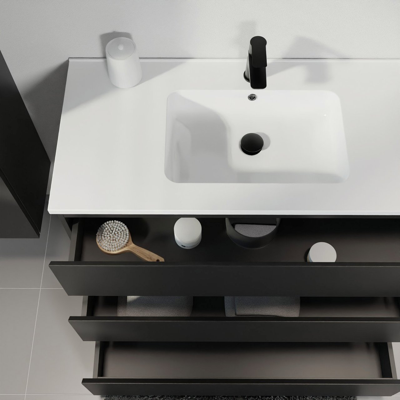 Linie Lado staand badmeubel 80 x 46 cm mat zwart met Vano enkele wastafel in composietmarmer hoogglans wit
