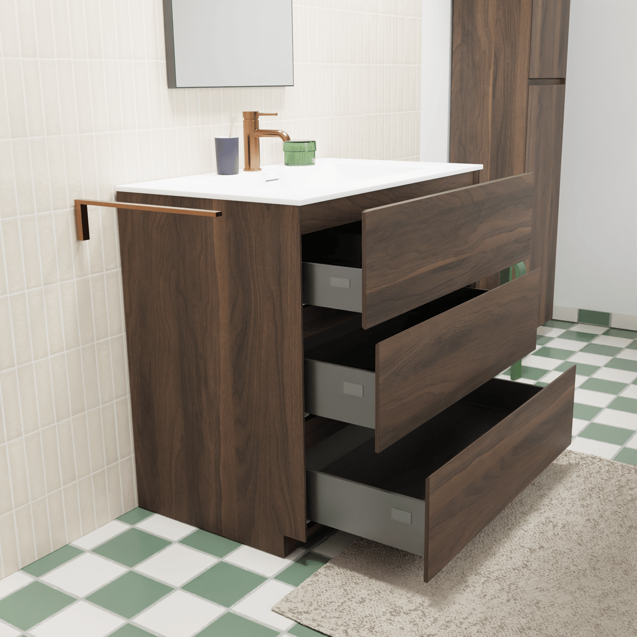 Storke Edge freistehendes Möbelstück Set: 85 x 52 cm, Nussbaum, mit Mata Einzelwaschtisch, Solid Surface Weiß matt