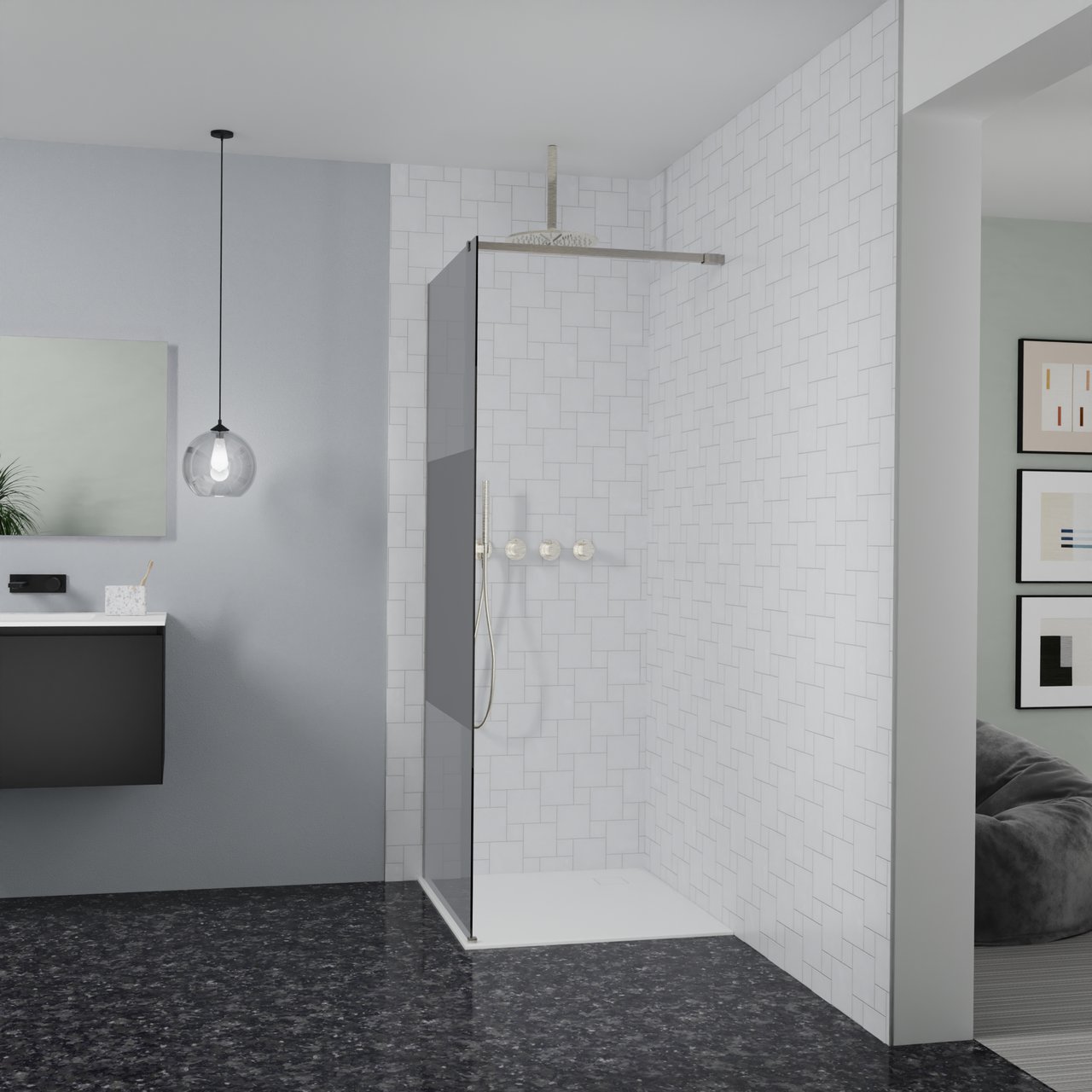 Balmani Modular douche à l'italienne: 90 x 200 cm, Verre fumé avec bande matte, Profil Brushed CoolMetal