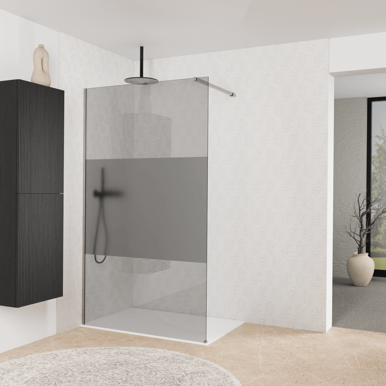 Balmani Modular douche à l'italienne: 120 x 200 cm, Verre fumé avec bande matte, avec coating, Profil Brushed Inox