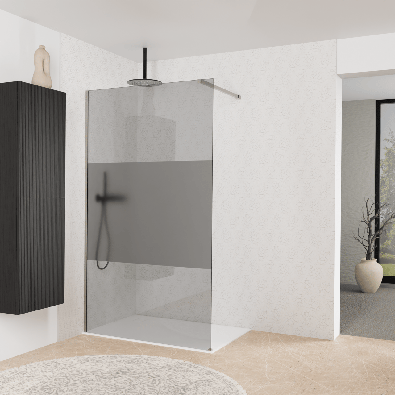 Balmani Modular Walk-In Dusche: 120 x 200 cm, Rauchglas mit mattiertem Streifen, inklusive Coating, Profil Brushed Inox