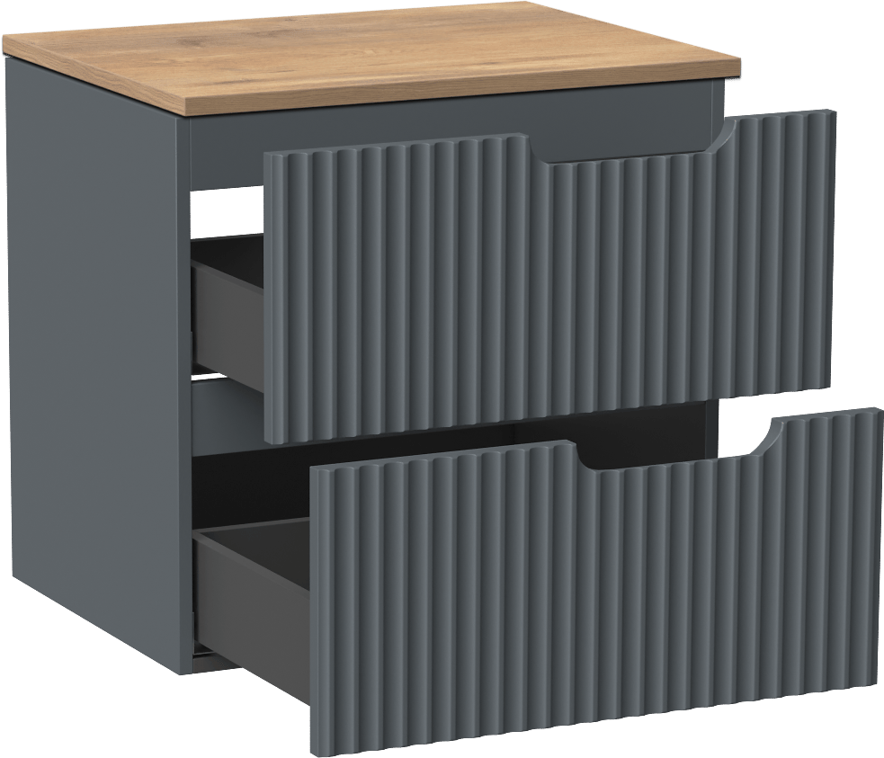 Linie Ribbo zwevend badmeubel 60 x 46 cm blauw antraciet met Lado enkel wastafelblad in melamine naturel eiken, Verticale symmetrische ronde ribbel