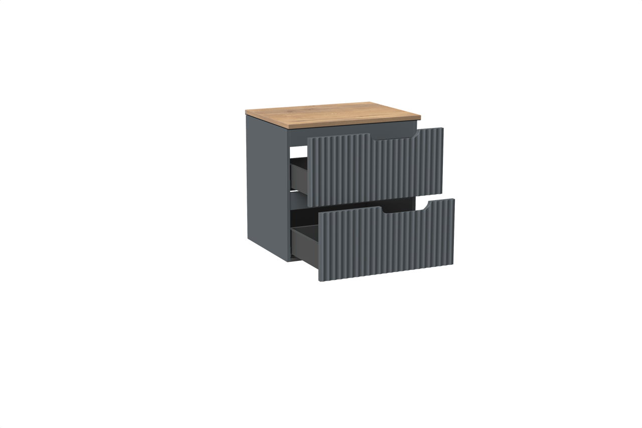 Linie Ribbo hängendes Möbelstück Set: 60 x 46 cm, Anthrazitblau, mit Lado Einzel Waschtischplatte, Melamin, Naturbelassene Eiche, Vertikale symmetrische runde Rippe