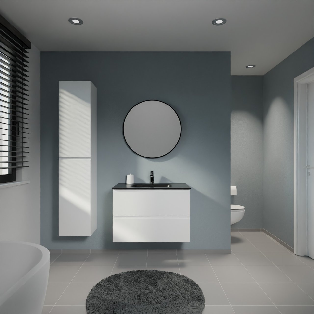 Linie Lado hängendes Möbelstück Set: 80 x 46 cm, Weiß glänzend, mit Baro Einzelwaschtisch, Porzellan Schwarz matt